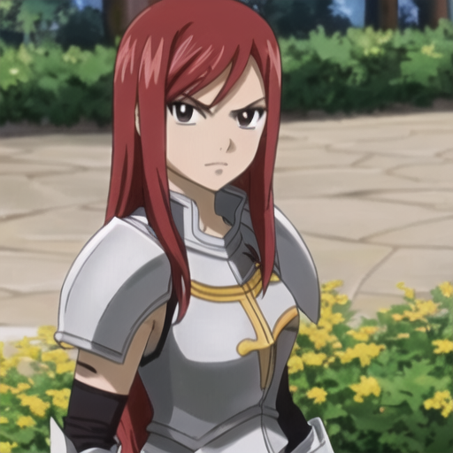 1girl, solo, erza scarlet, fairy tail, red hair, brown eyes, long hair, armor, looking at viewer, tree, breastplate, tatto...